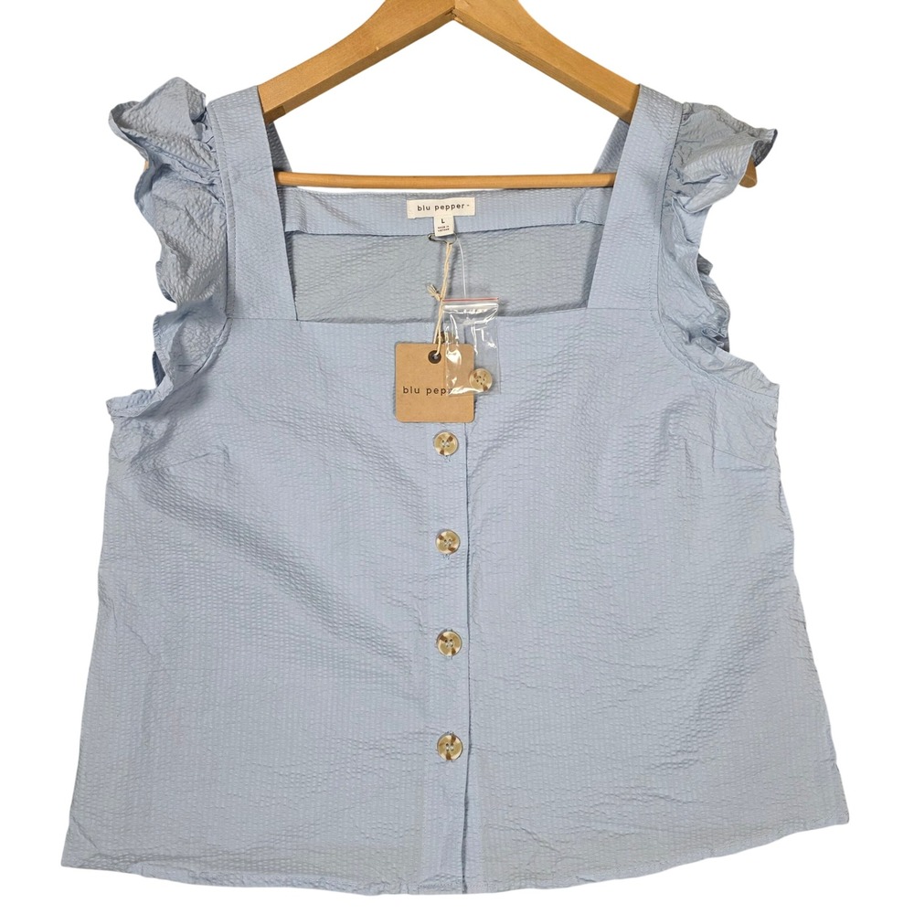 Blu Pepper Blue Ruffle Flutter Sleeve Button Front Crop Top Cotton L NWT